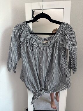 Active USA Black & White Striped Tie-Front Peasant Top